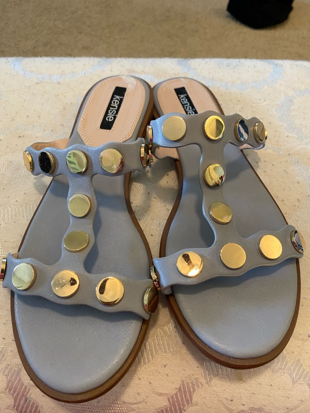 Kensie Pale Blue Slide Sandals with Gold Stud Accents